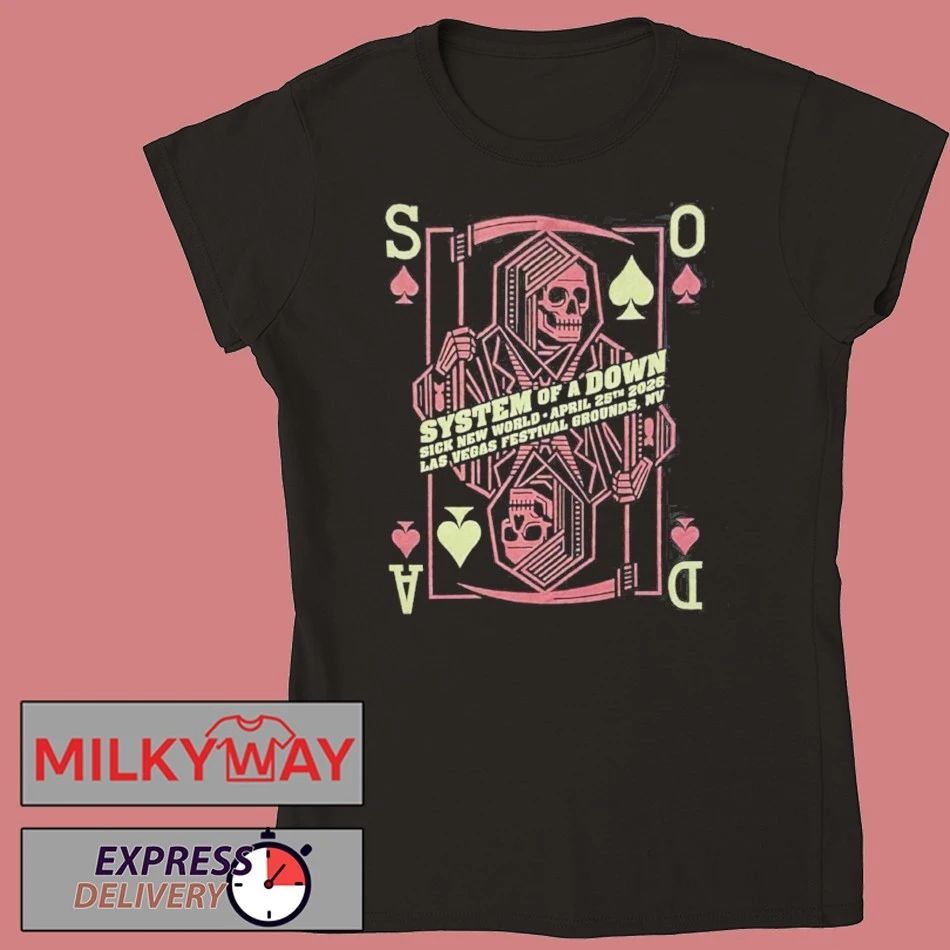 System Of A Down Sick New World 2026 Las Vegas Festival Venue Merch Tee On April 25 2026 The Reaper Playing Cards T-Shirt