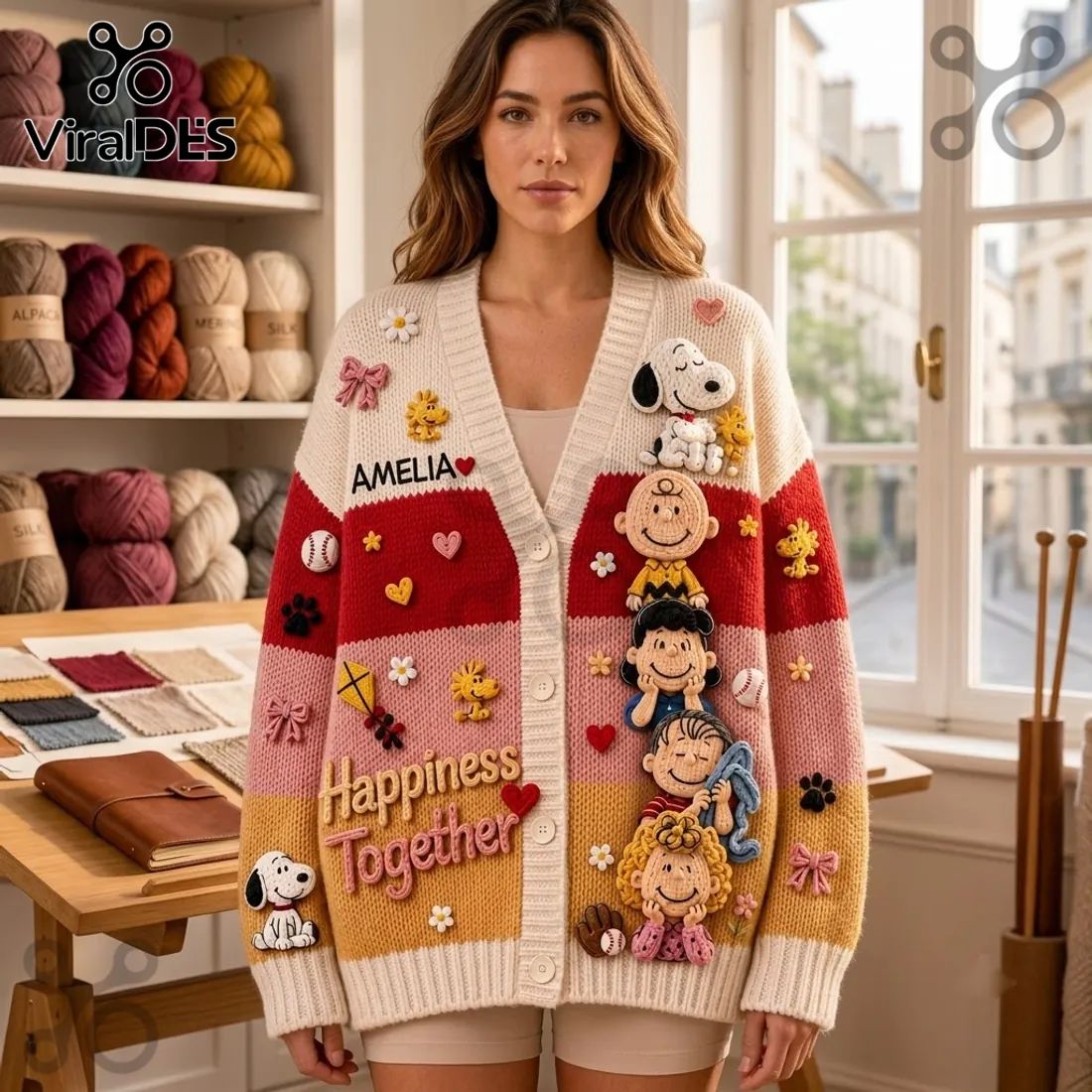 Peanuts Classic Comic Characters Embroidered Cardigan