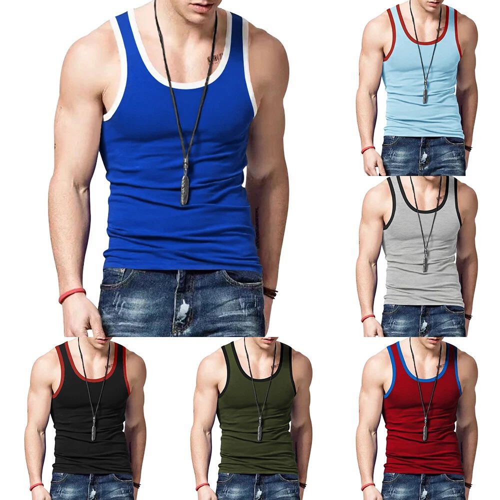 Men's Fitness Shirts Tops Vest Sportwear Casual Slim Fit Colorblock Basi AU