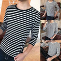 Men Tops Round Neck Slim Fit Soft Spring And Autumn Stripe T-Shirt Casual