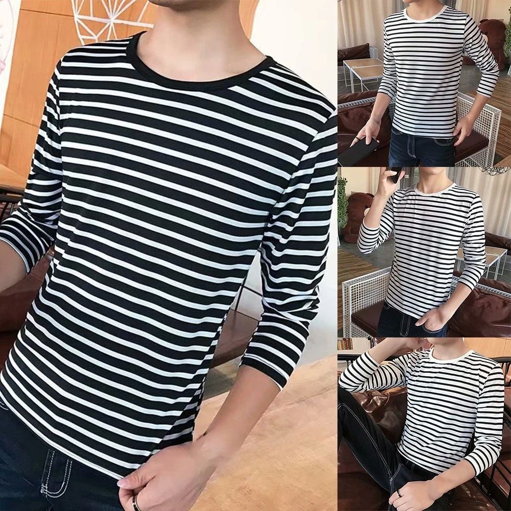 Men Tops Round Neck Slim Fit Soft Spring And Autumn Stripe T-Shirt Casual