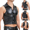 Fashionable Men's Imitation Leather Tank with Stand Collar and Side Tie