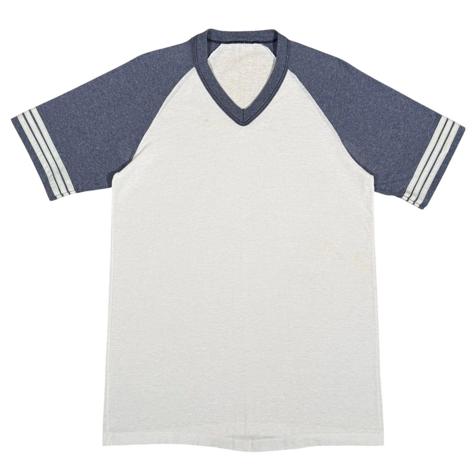 Vintage 70s V-Neck Ringer Shirt Blue Gray Raglan Sleeve Striped Athletic Small