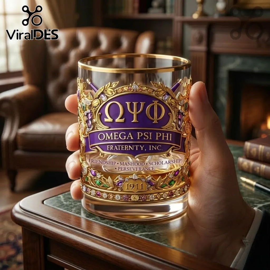 Omega Psi Phi 1911 Gold Trimmed Whiskey Glass
