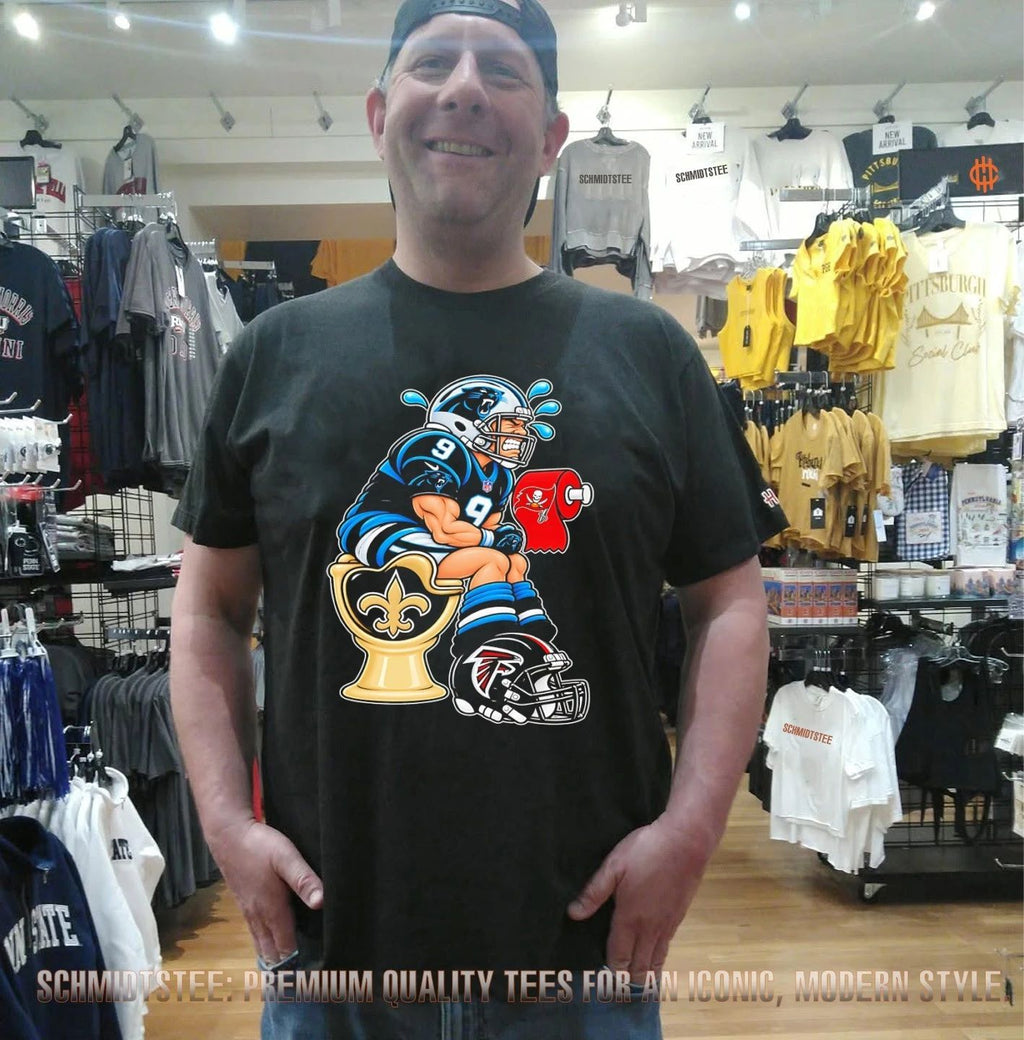 Carolina Panthers Player No 9 on NO Saints Toilet with Tampa Bay Buccaneers Toilet Paper and Atlanta Falcons Helmet shirt