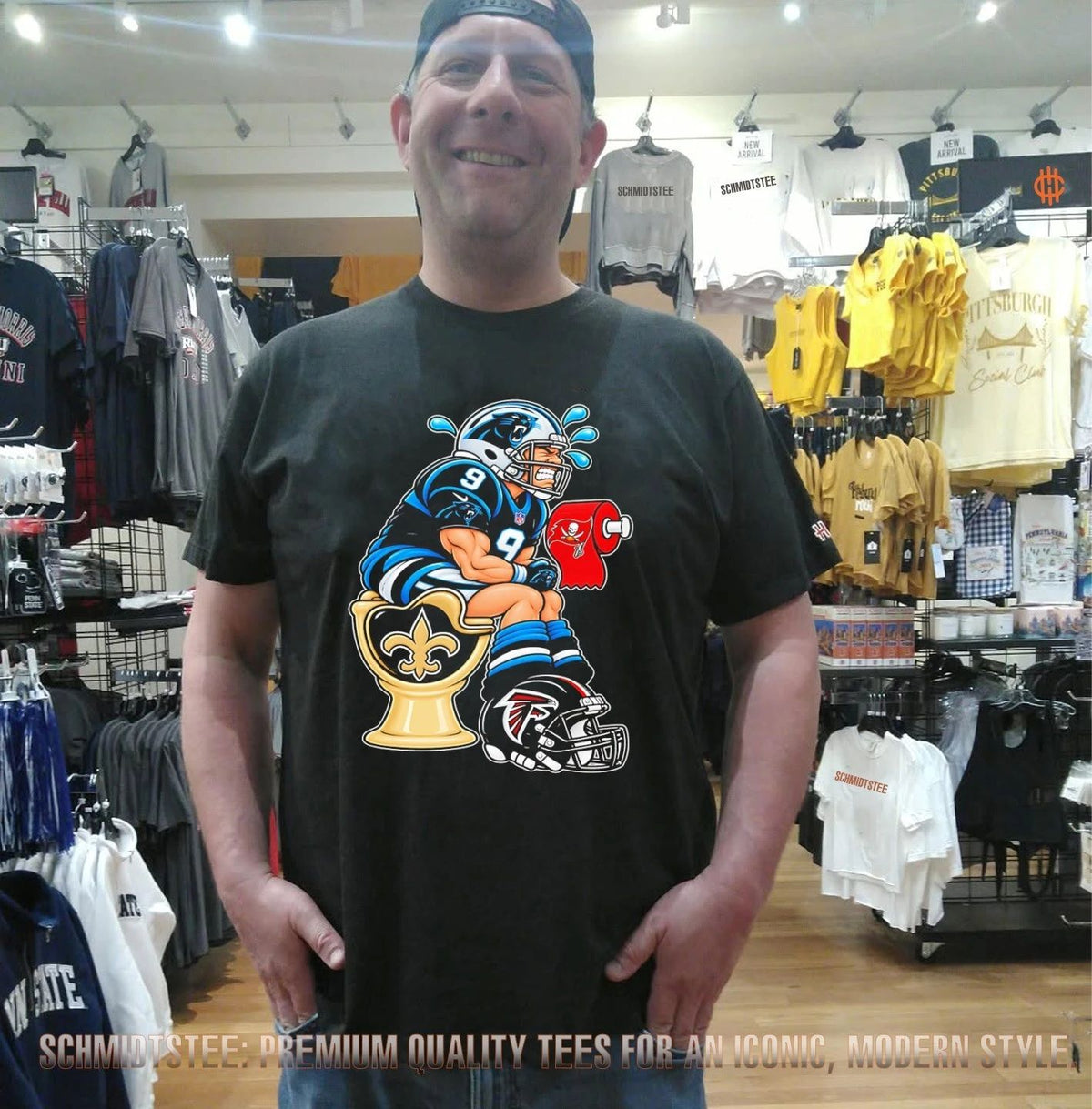 Carolina Panthers Player No 9 on NO Saints Toilet with Tampa Bay Buccaneers Toilet Paper and Atlanta Falcons Helmet shirt