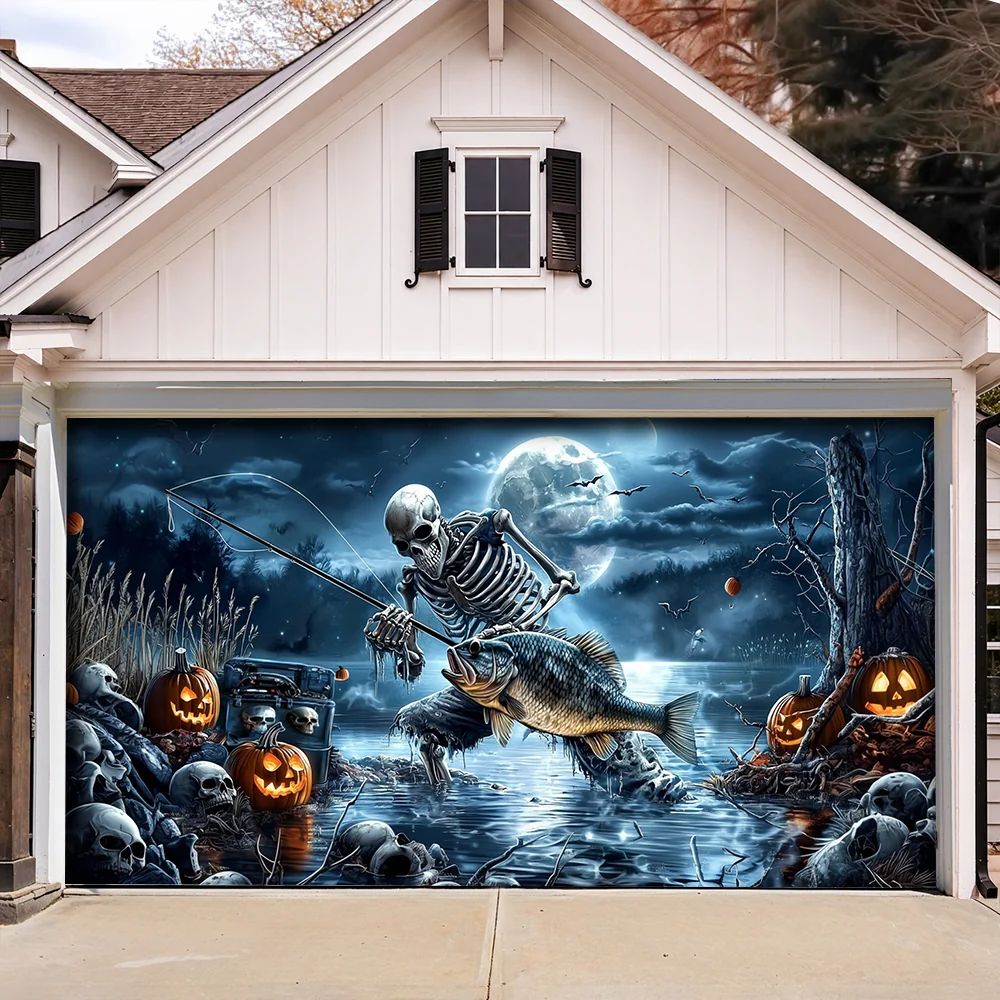 Skeleton Fishing Halloween Garage Door Banner