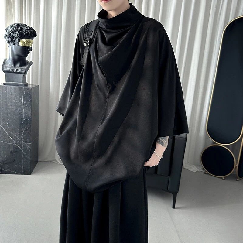 Men Silk Satin Gothic Shirt 3/4 Sleeve Loose Tops Punk Short Sleeve Stand Collar