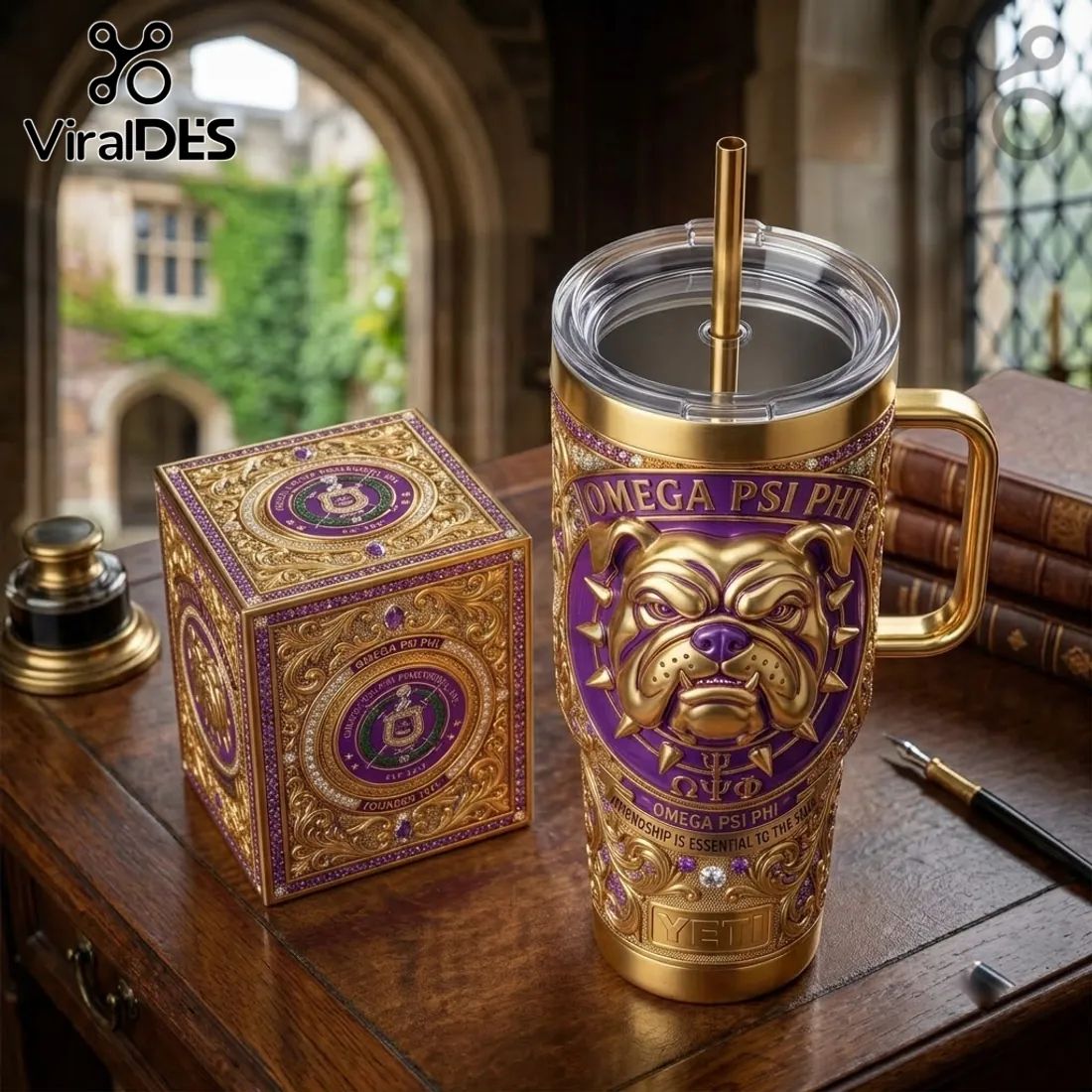 Omega Psi Phi Violet and Gold Bulldog YETI Handle Tumbler