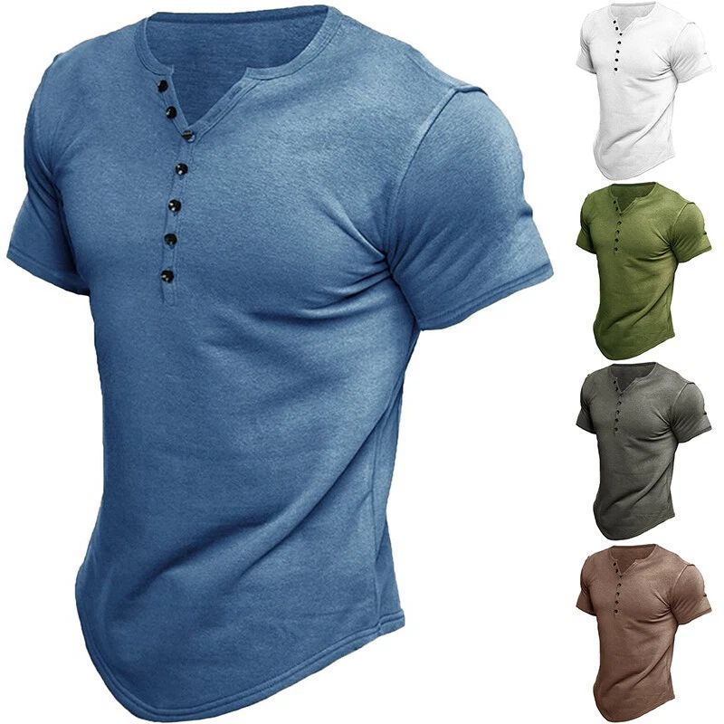 ⭐⭐Henley T Shirt Mens Solid Color Short Sleeve Casual Button Vintage T-Shirt Tee