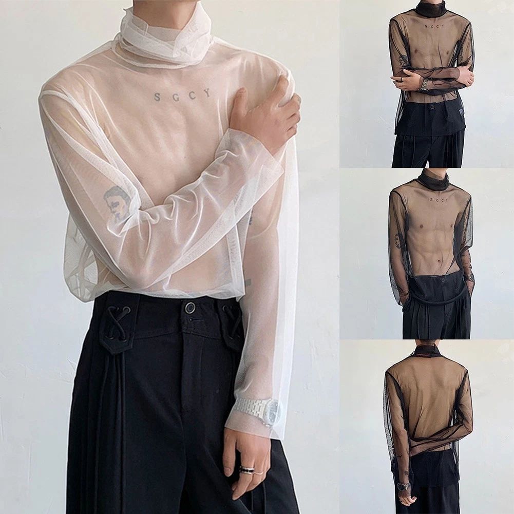 Slim Fit Mens Transparent Mesh Turtleneck Tops Long Sleeve Streetwear T shirt