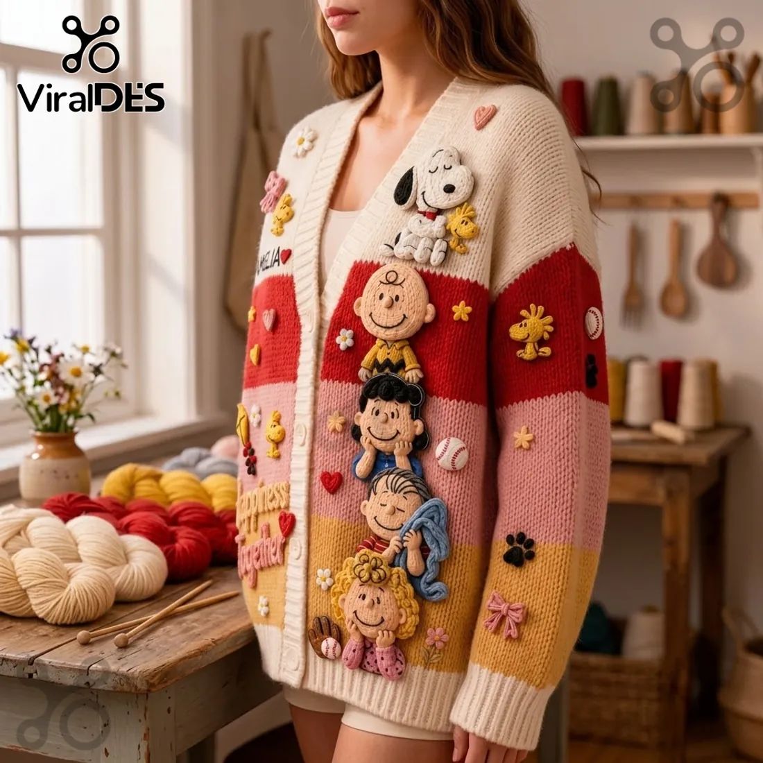 Peanuts Classic Comic Characters Embroidered Cardigan