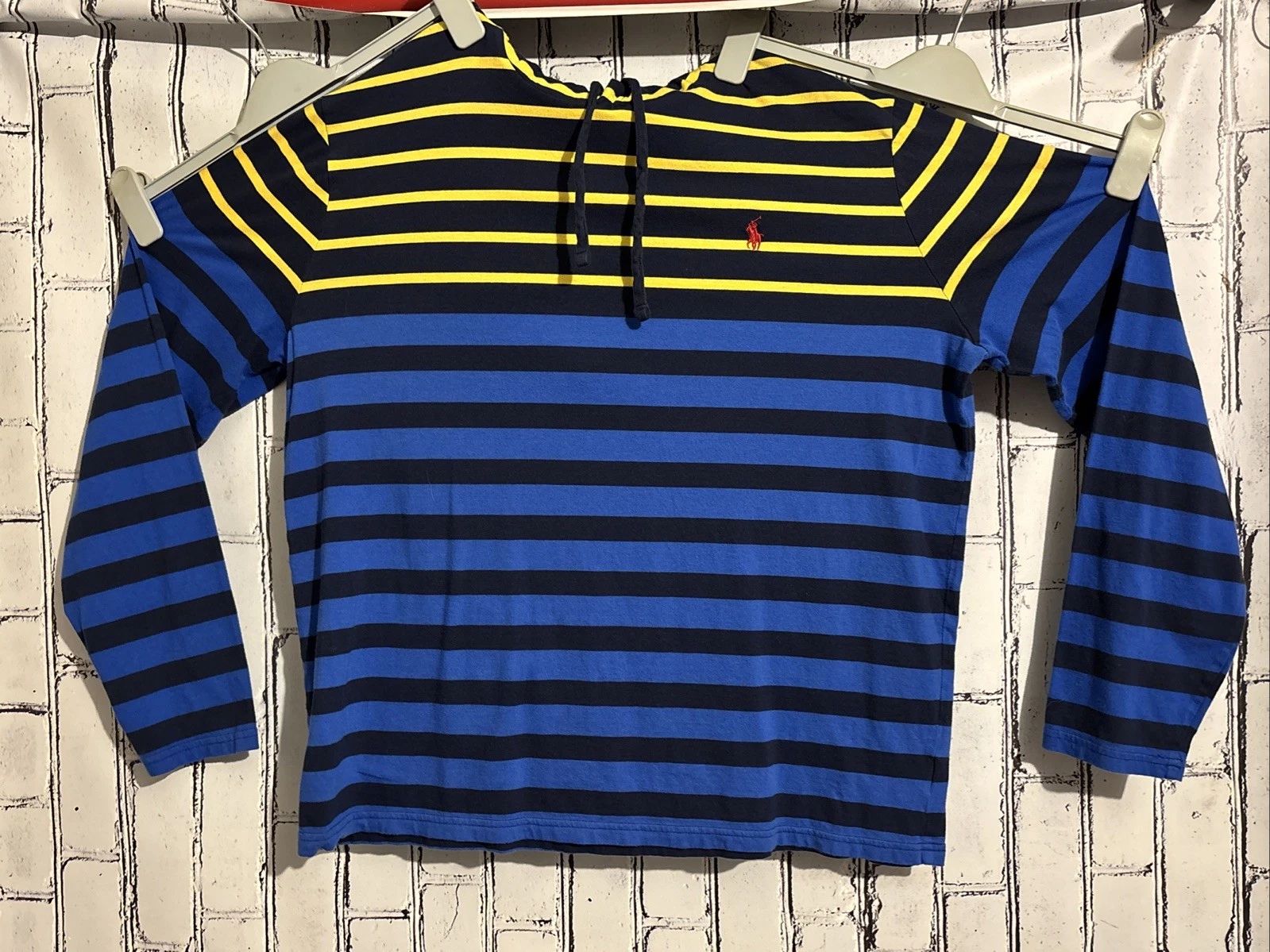 Polo Ralph Lauren T Shirt Hoodie Mens XL Navy Blue Yellow Striped Long Sleeve