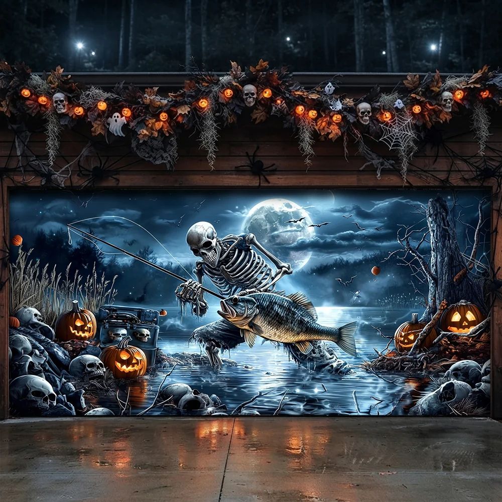 Skeleton Fishing Halloween Garage Door Banner