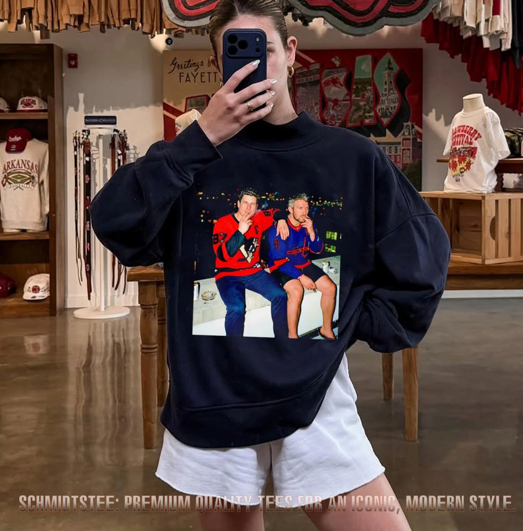 Sidney Crosby and Alexander Ovechkin smoking concrete ledge shirt
