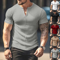 Mens Casual Short Sleeve Ribbed T-shirt Solid Color Slim Fit Stretch Muscle Top