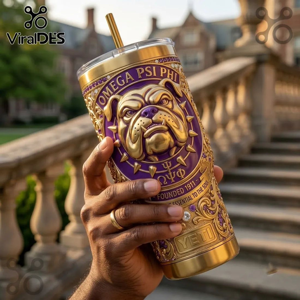 Omega Psi Phi Violet and Gold Bulldog YETI Handle Tumbler