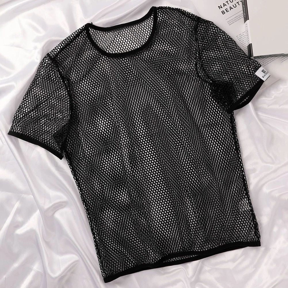 Mesh See Through Men TShirt Fishnet Short Sleeve Clubwear Undershirt Tee