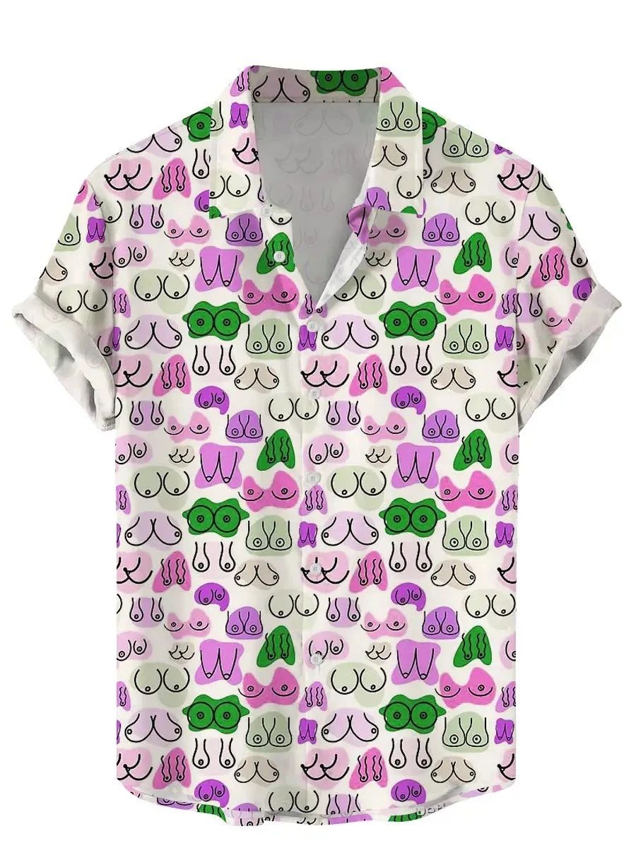 Mens Button Down Shirts Funny Boobs Printed Hawaiian Tops Novelty Ugly Gag Gifts