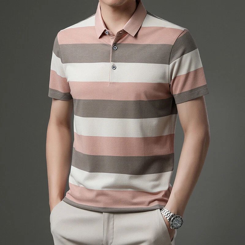 Men Wide Striped Short Sleeve Golf Shirt Front Button Casual Tee T-Shirt Top