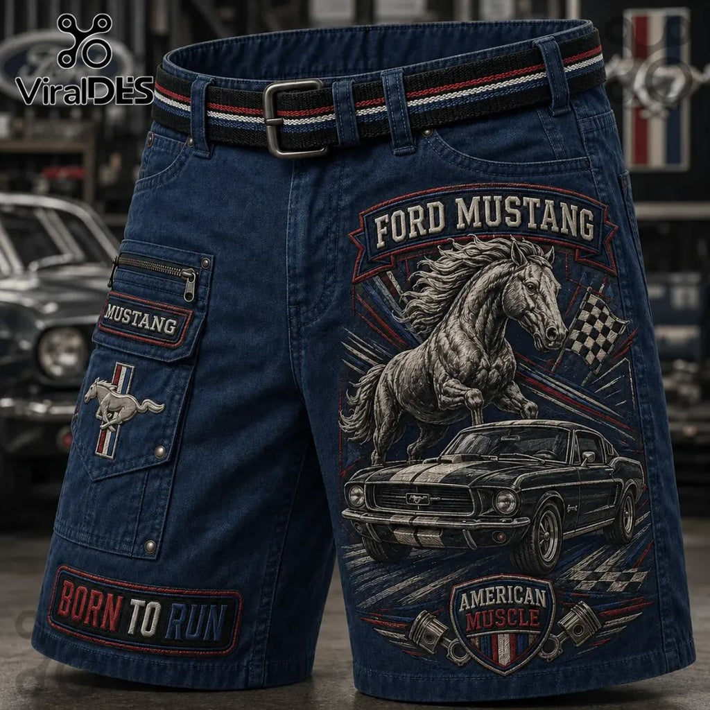 Ford Mustang American Muscle Navy Blue Casual Shorts