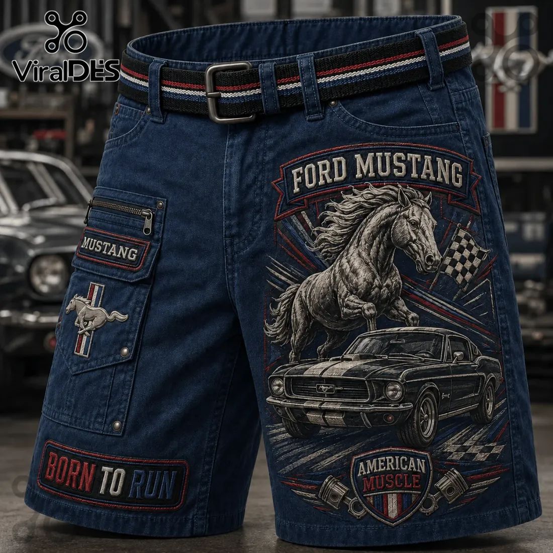 Ford Mustang American Muscle Navy Blue Casual Shorts