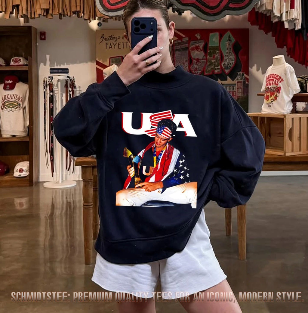 USA Baseball Champion player with trophy and America flag shirt