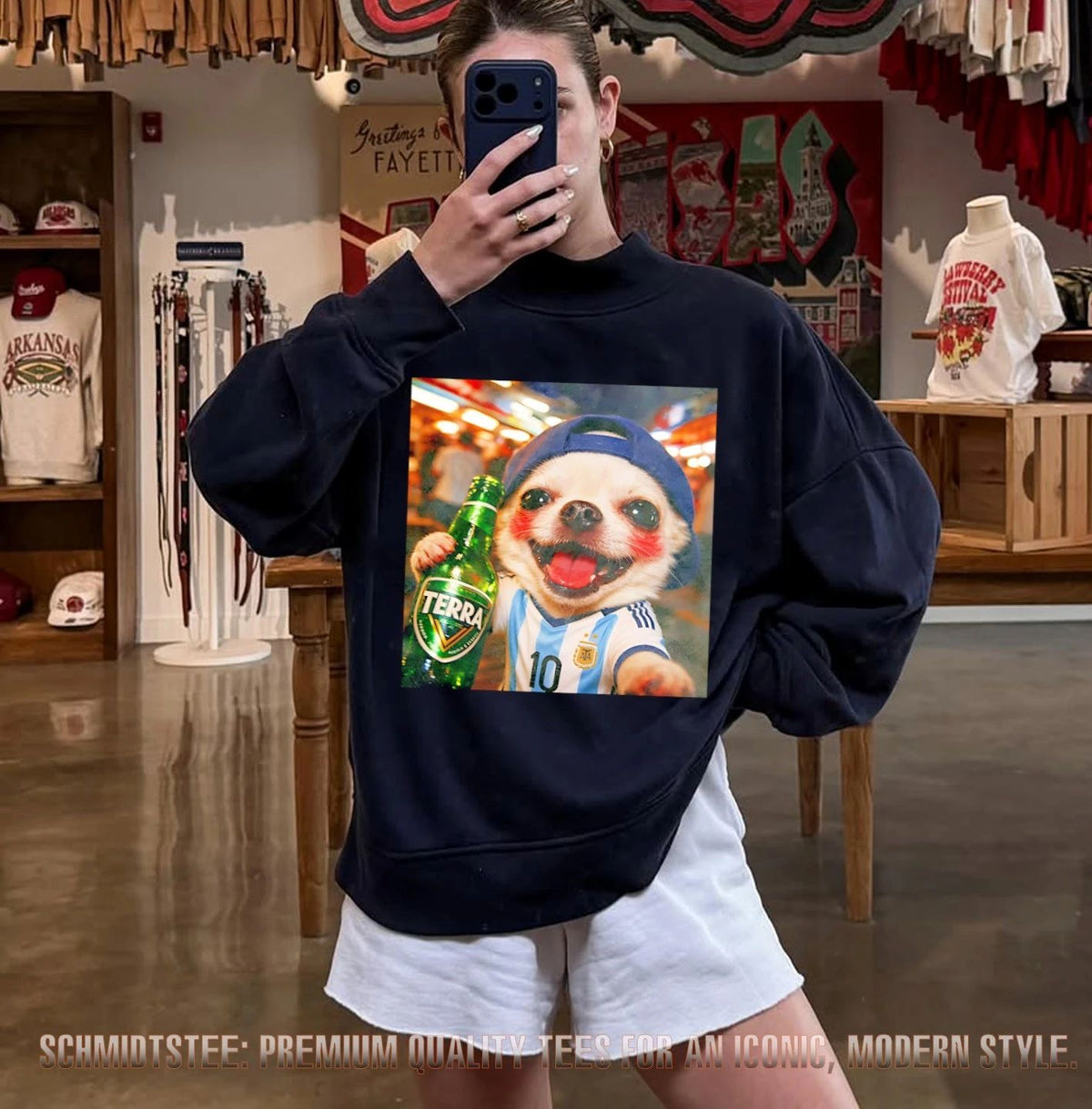 Argentina number 10 cute dog holding beer on street shirt