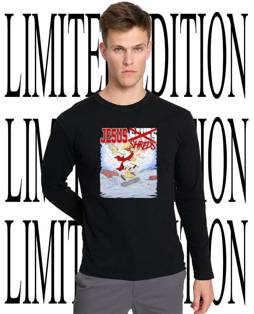 Jesus skateboarding shreds caricature tee