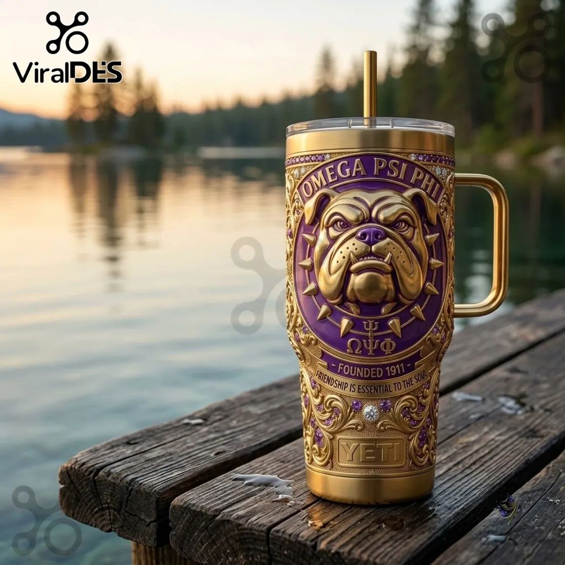 Omega Psi Phi Violet and Gold Bulldog YETI Handle Tumbler