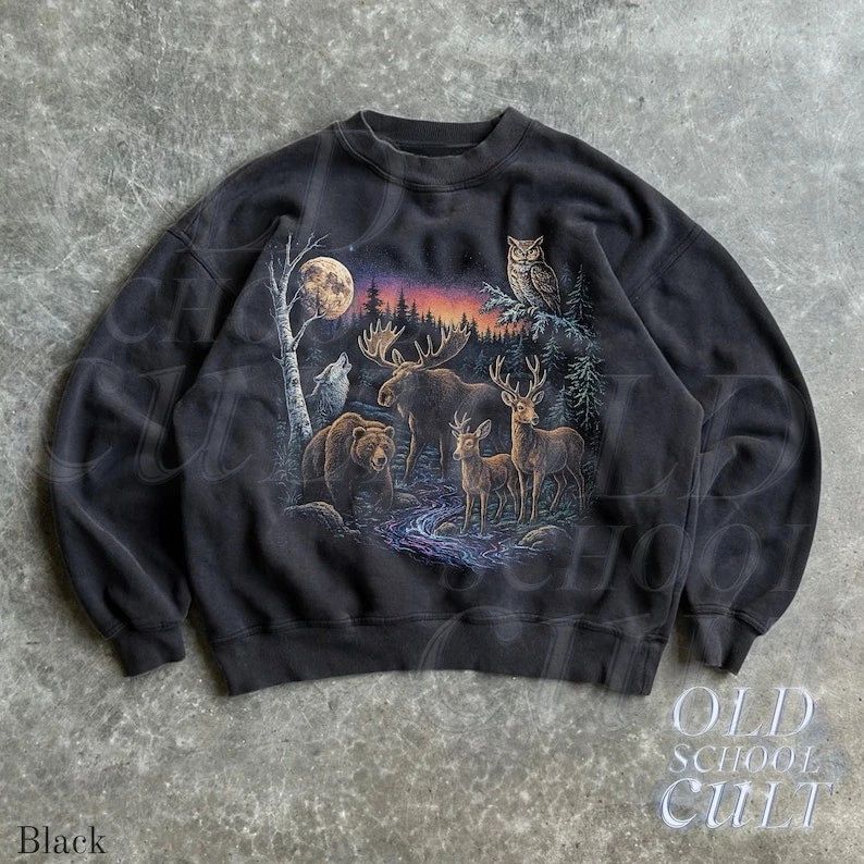 Retro Forest Animals Sweatshirt, Vintage 90s Wildlife Sweater, Wolf Moose Deer