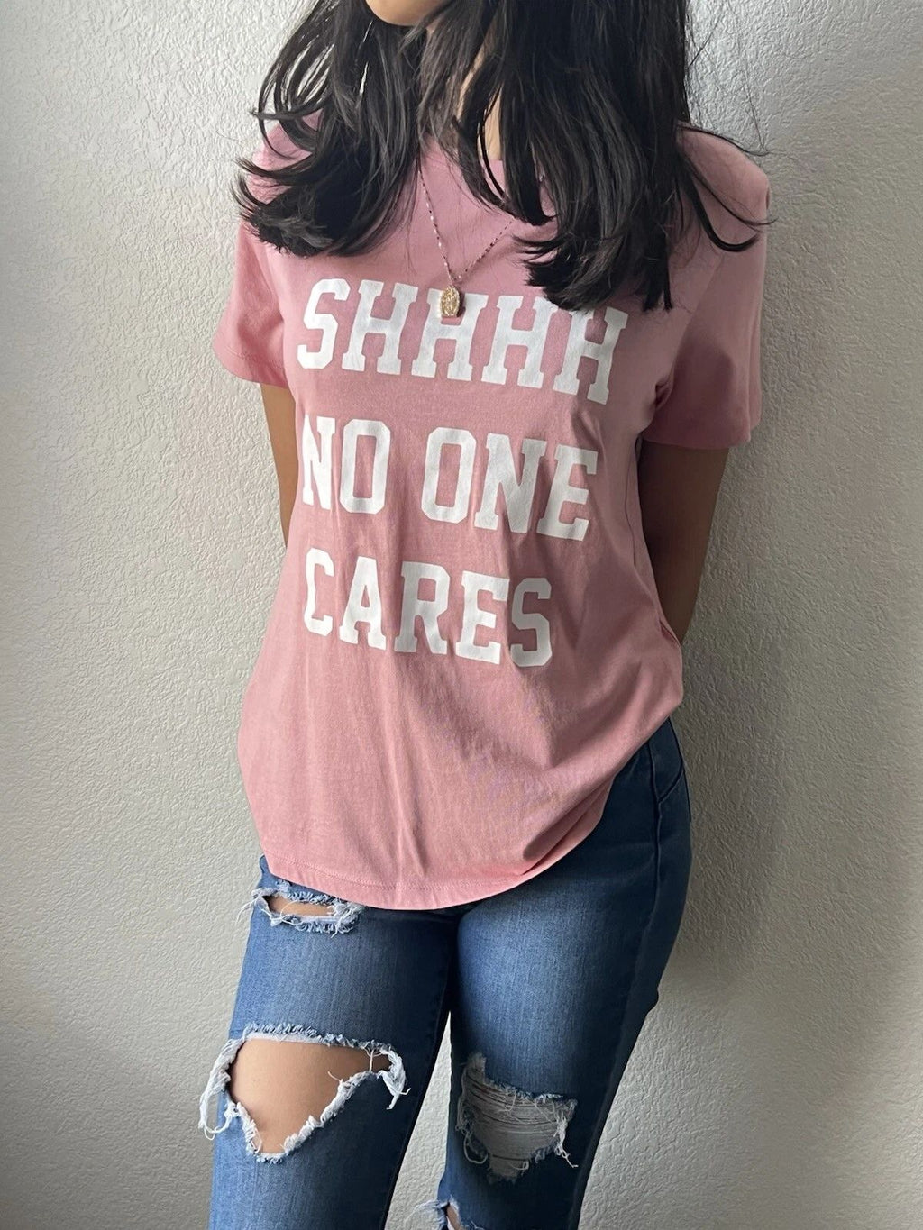 Trendy Pink Graphic Tee – "Shhhh No One Cares" Statement Shirt – Size  SMALL