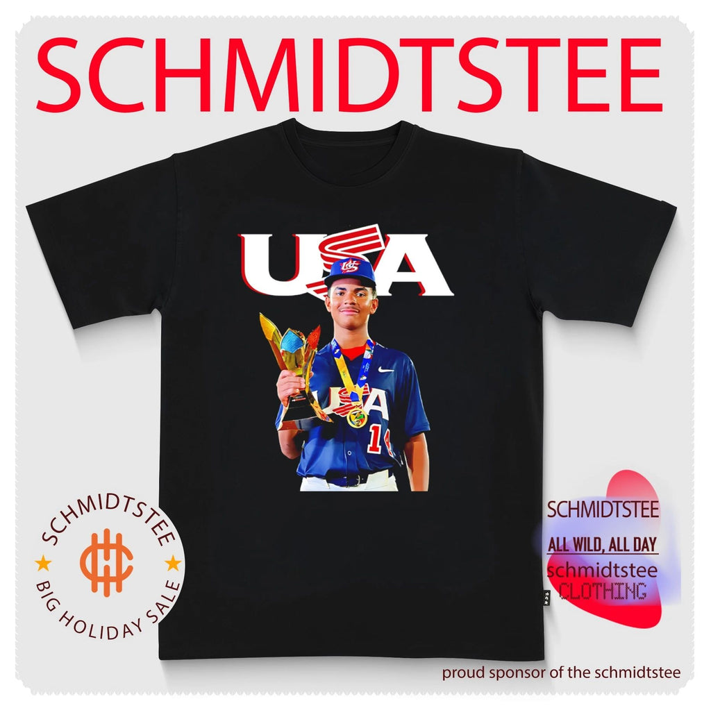 USA Baseball Champion young player with trophy shirt