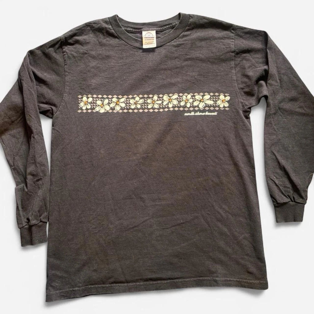 Wrap around black surf long sleeve with white flower design Size M #floral #surf