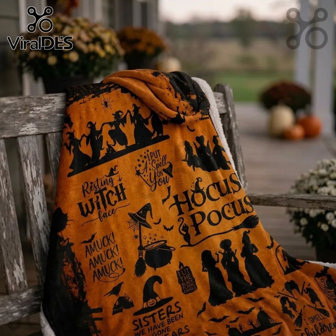 Hocus Pocus Sanderson Sisters Orange Hooded Blanket