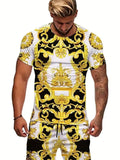 T Shirt Baroque Fashion Off White Gold Yellow Leaf Party Men Short Sleeve Trendy