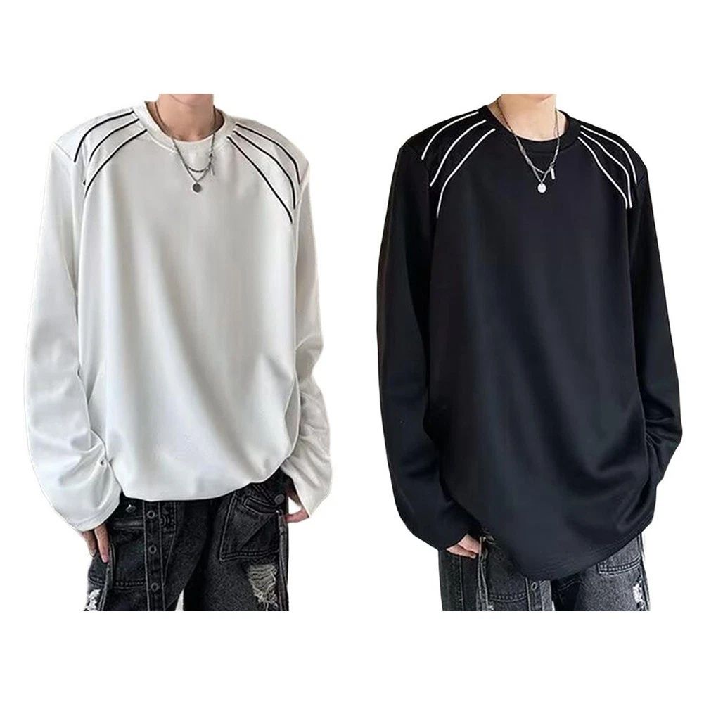 Men Casual Long Sleeve Tee Stripe Patchwork Color Contrast High Street Style