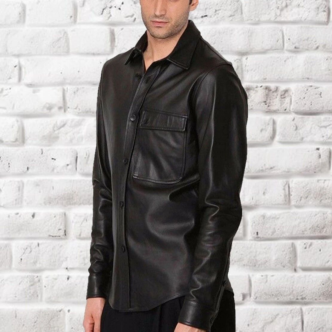 Men Genuine Black Lambskin Leather Shirt Premium Vintage Button Jacket