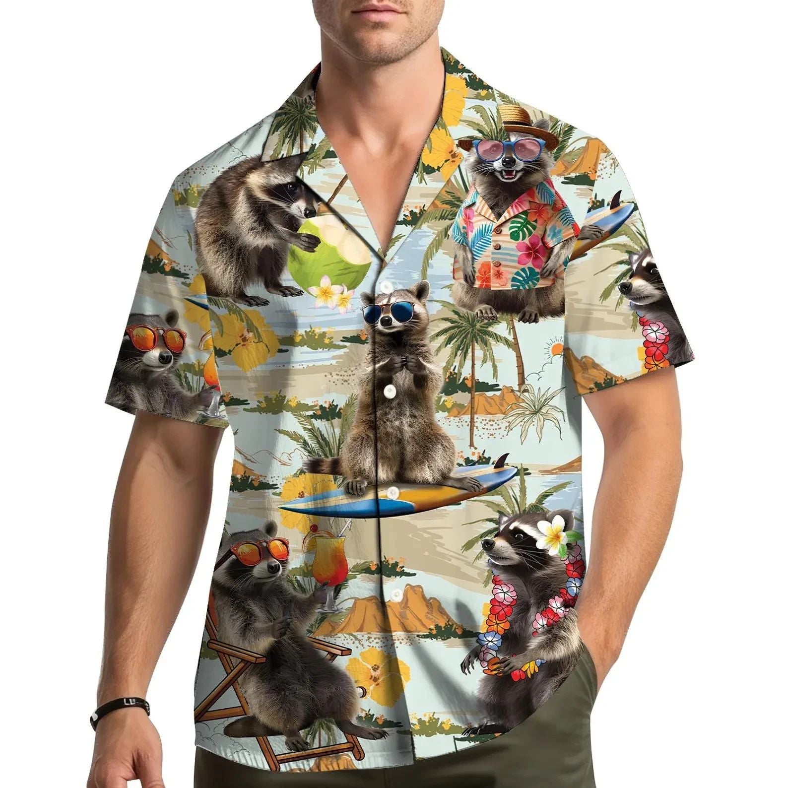 Surf Raccoon Hawaiian Shirt Funny Tropical Beach Aloha Button Down Men Women