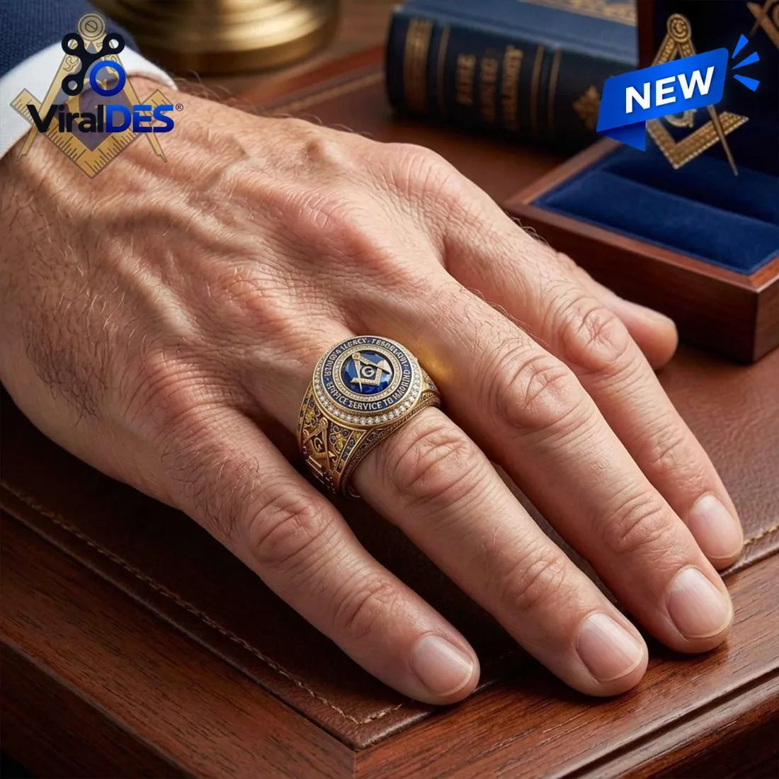 Freemason Gold Blue Sapphire Stone Masonic Ring