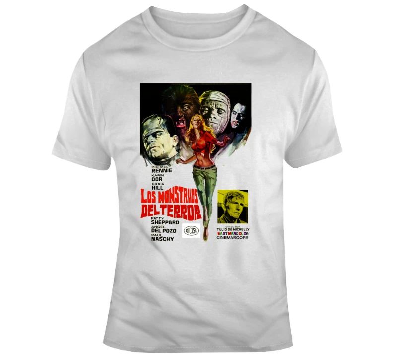 Mens Cotton Retro T-shirt Los Monstrous Del Terror Frankenstein Movie Sci Fi