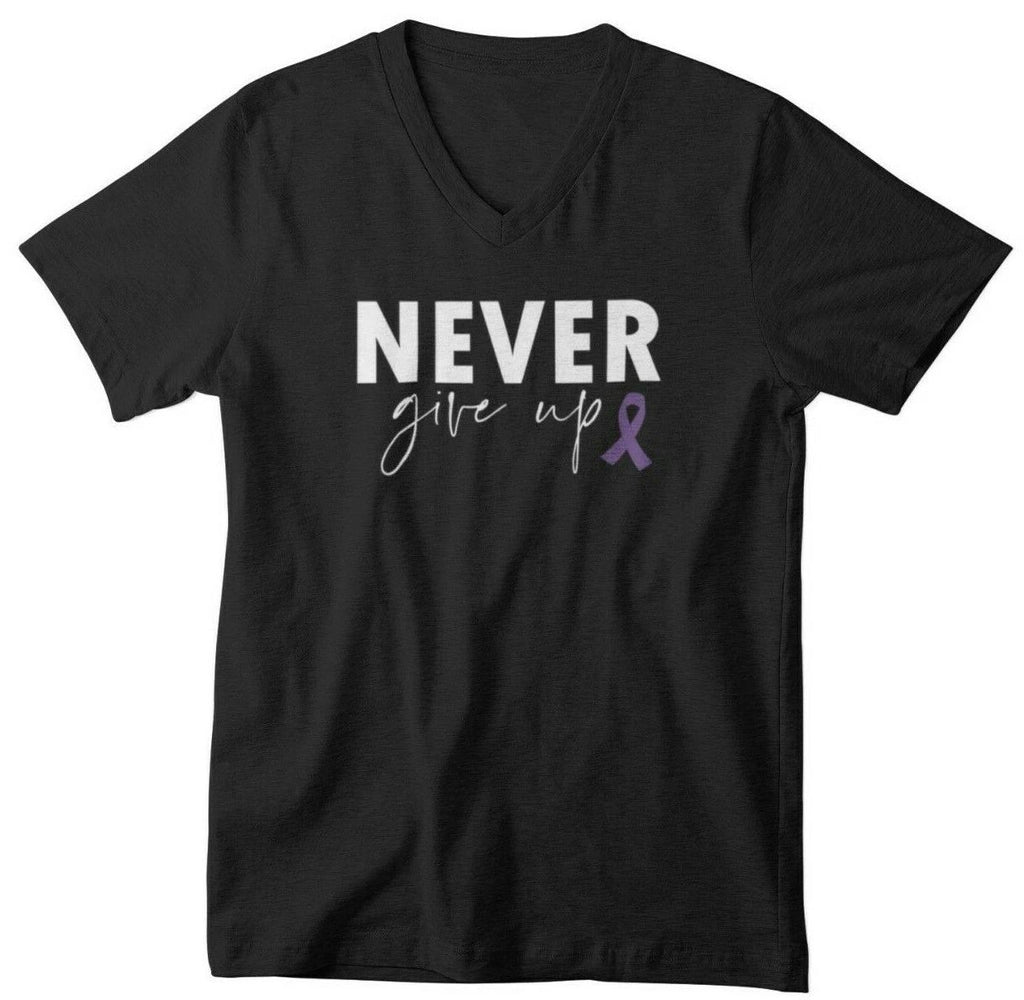 Mens V-neck Never Give Up T Shirt Epilepsy Awareness T-Shirt Pancreatic Cancer