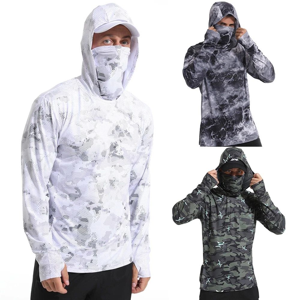 UPF50+ Mens Outdoor Fishing Hoodie Sun Block Skin Protection Long Sleeve T-Shirt