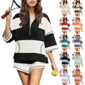 Fashionable Striped Casual Wear Women Loose Fit Top And Comfortable Shorts