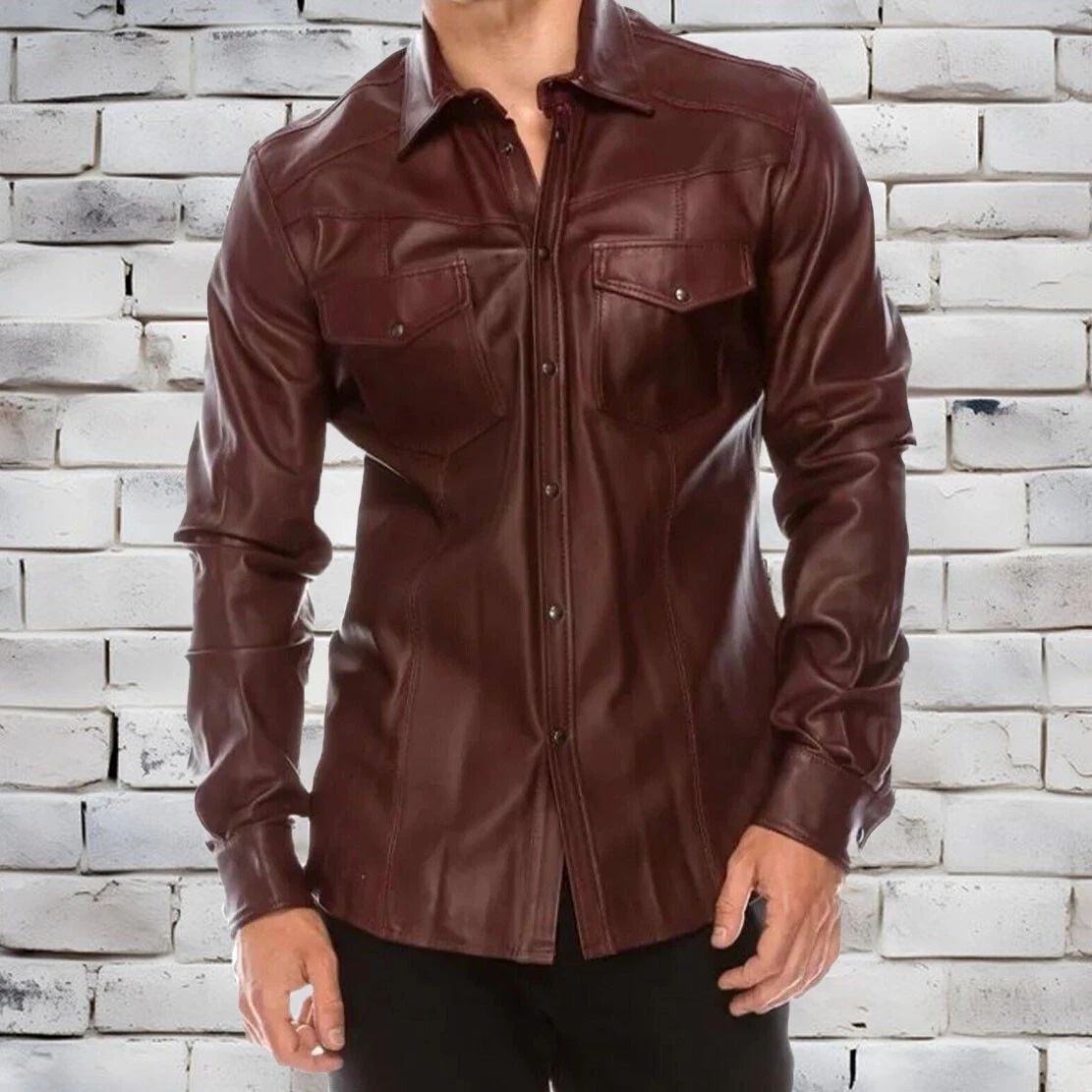 Men Genuine Dark Red Lambskin Leather Shirt Premium Vintage Button Jacket