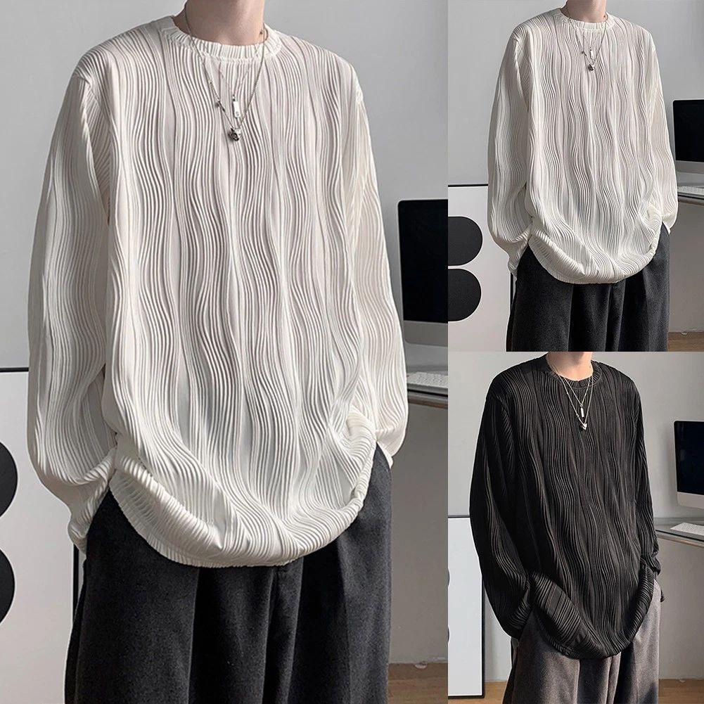 Stylish Men's Water Wave Pattern Round Neck Long Sleeve Pullover Tee Shirt