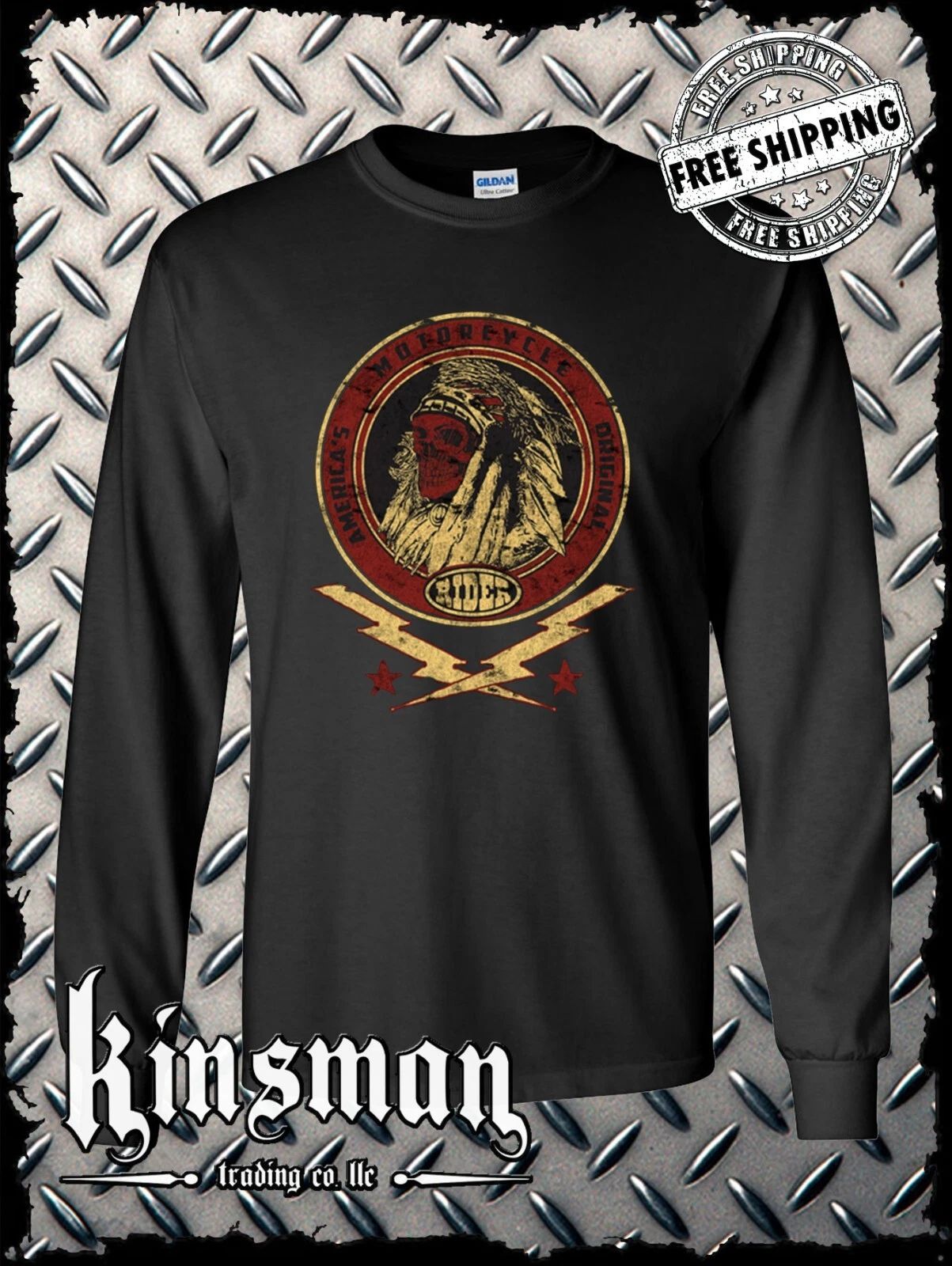 Custom Tradition Motorcycle Biker Long Sleeve T-Shirt / Indian Skull War Bonnet
