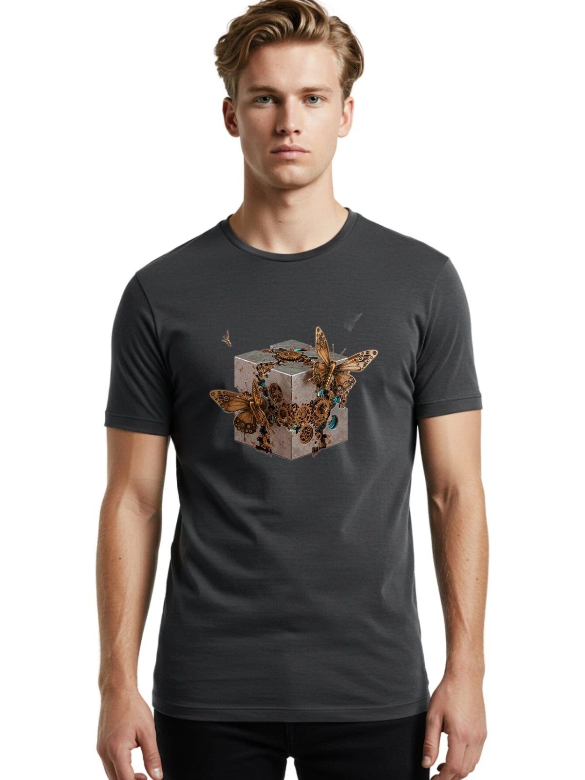 Steampunk-Butterflies Mens Graphic Tee, 100% Cotton, Casual Summer Wear