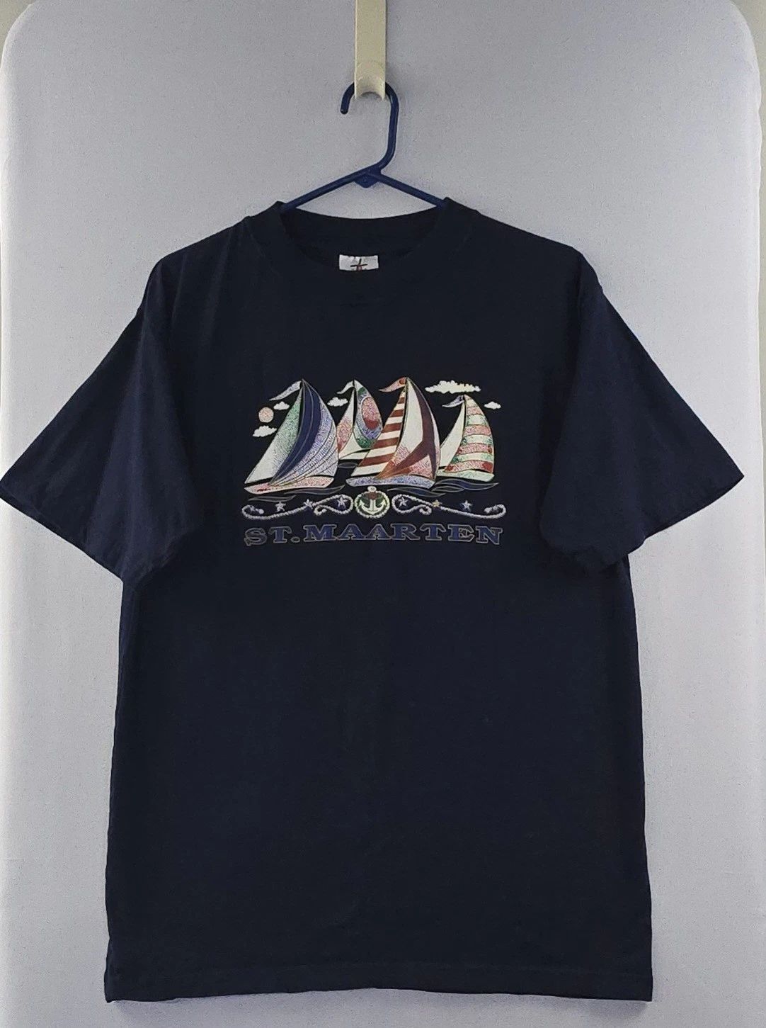 Vintage 90s St. Maarten Nautical Sailing Boat  T Shirt Graphic Tee Size Large