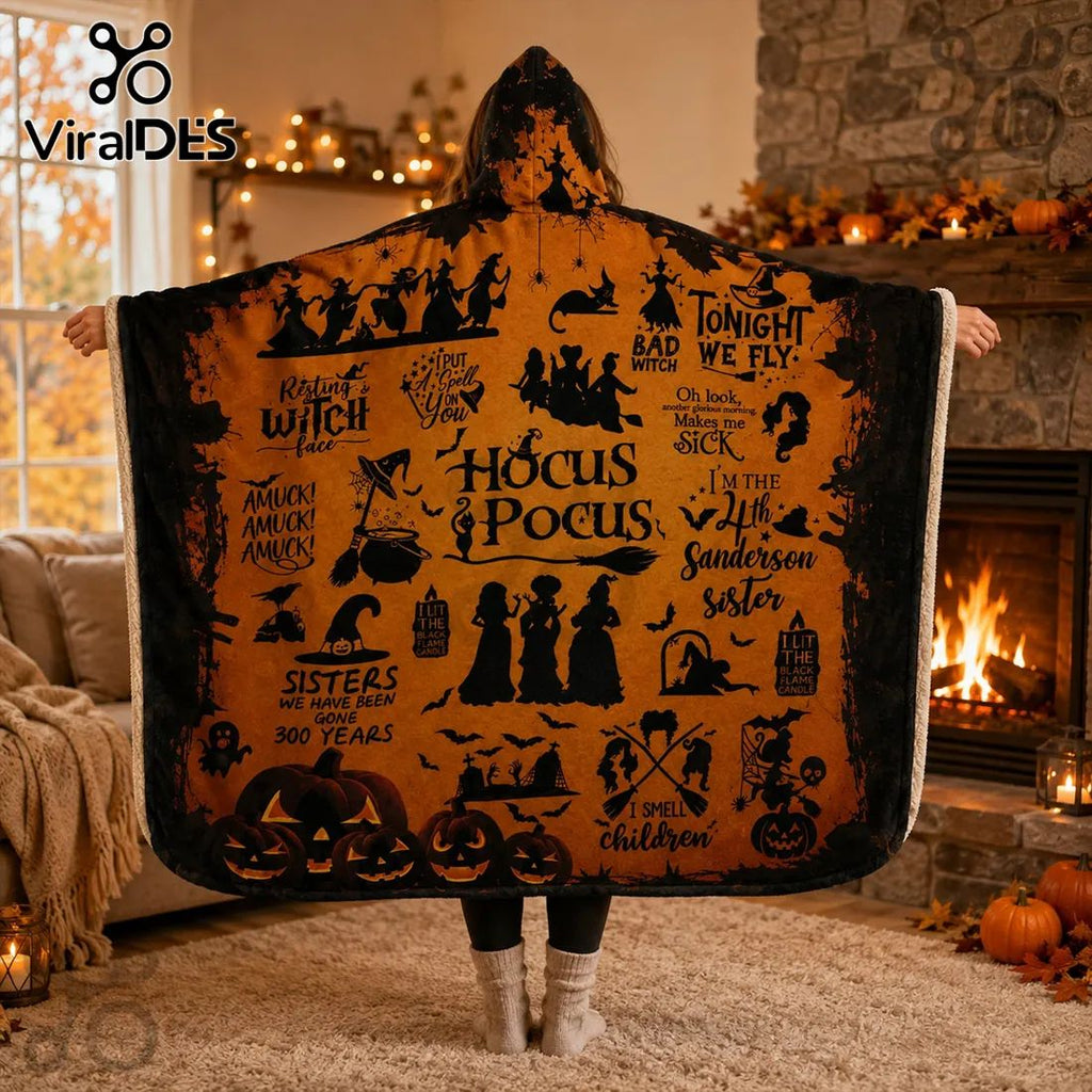 Hocus Pocus Sanderson Sisters Orange Hooded Blanket